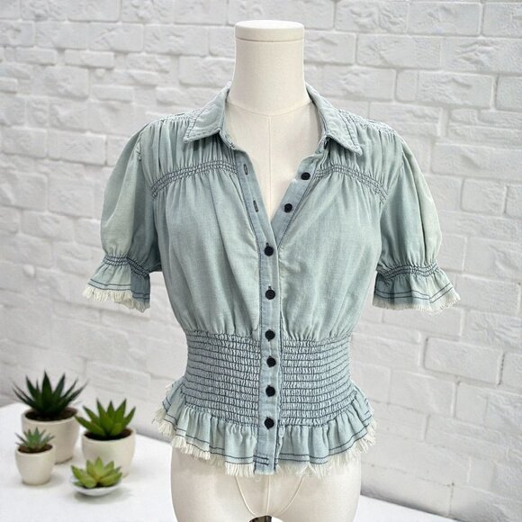 Pilcro Smocked Peplum Puff Sleeve Top Coquette Soft Romantic Dainty Cottagecore - Picture 1 of 10